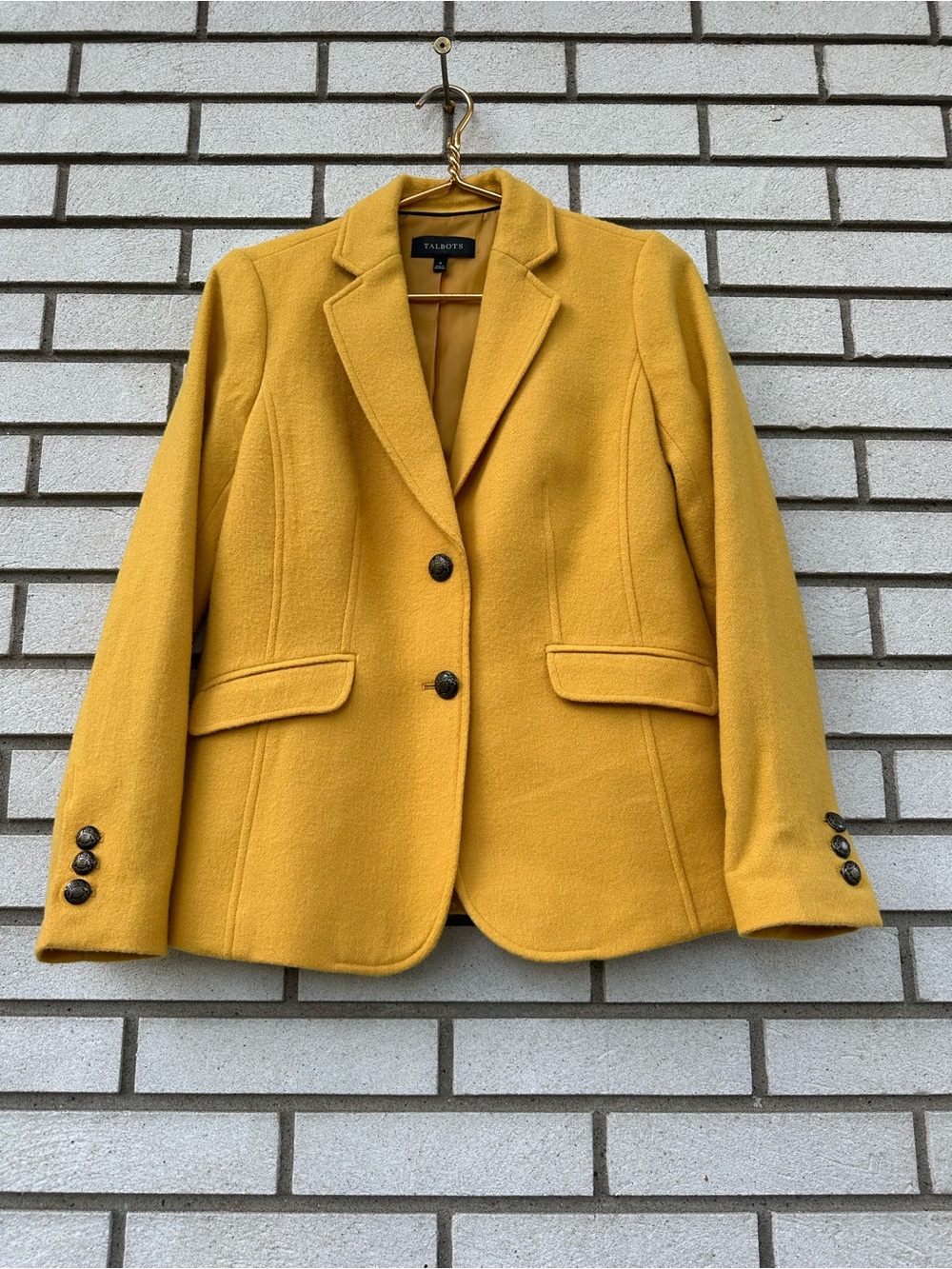 Talbots Mustard Gold Wool Blend Equestrian Crest Button Blazer Jacket 4 Preppy